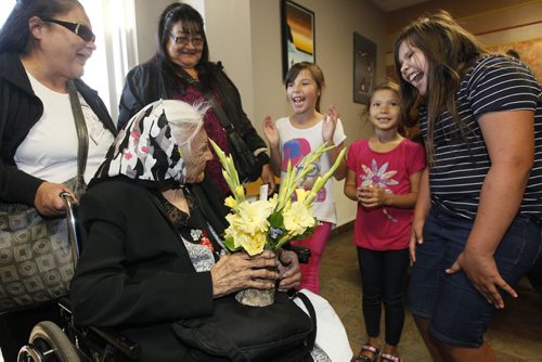 August 24, 2015 - 150824  -  Sarah Harper, who turns 109 today Monday, August 24, 2015, is greeted by family and friends at the Perimeter Airway terminal to celebrate her birthday. John Woods / Winnipeg Free Press