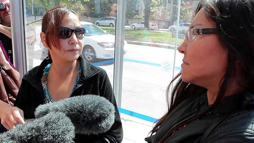 Convicted killer Traigo Andretti has just pleaded guilty to 2006 cold case murder of Winnipeg woman Myrna Letandre. Lorna Sinclair, Myrna's sister, and Lorie Anderson, Myrna's cousin, talk to the media. BORIS MINKEVICH / WINNIPEG FREE PRESS PHOTO August 25, 2015