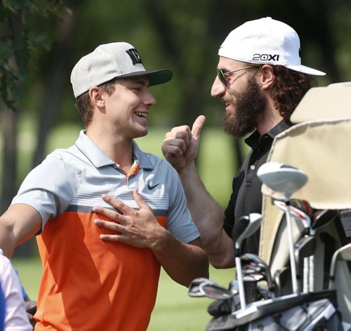 Winnipeg Jets Alexander Burmistrov tells Chris Thorburn about his almost hole in one while taking part in the 3rd annual Stars FORE Special O Golf Tournament at Glendale Golf & Country Club Wednesday in support of Special Olympics Manitoba. Tim Campbell  story Wayne Glowacki / Winnipeg Free Press August 26   2015
