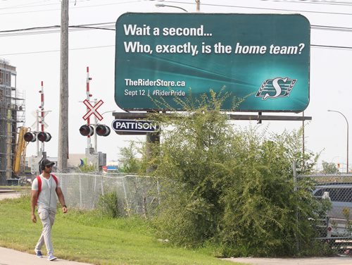 Saskatchewan Roughriders had yet another annual billboard put up in Winnipeg at Bison Dr and Pembina Hyw next to Investors Group Field- See Tim Campbell story- Aug 28, 2015   (JOE BRYKSA / WINNIPEG FREE PRESS)