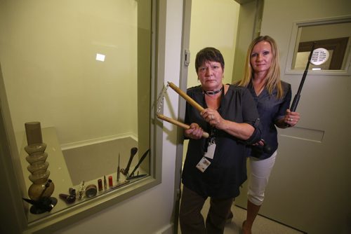 Shauna Curtin with Manitoba Justice and Manitoba's Chief Sheriff Darcy Blackburn right, blond) stand next to the door to a holding cell as they display contraband items that are confiscated by Sheriff Officers that are brought in by people coming into the Law Courts building.

See Mike McIntyre's story. 

Ruth Bonneville, Aug 28/15 Winnipeg Free Press