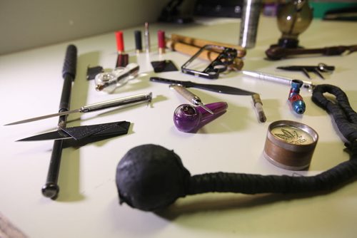 Contraband items that are confiscated by sheriff officers at the Manitoba Law Courts Building that people try to bring into the building usually hidden in bags or under clothing.
See Mike McIntyre's story. 

Ruth Bonneville, Aug 28/15 Winnipeg Free Press