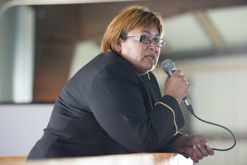 DAVID LIPNOWSKI / WINNIPEG FREE PRESS 150828 August 28, 2015  Chief Jackie Everett during an event that included an announcement for the future site of a bridge over Pigeon River at Berens River Friday August 28, 2015 in Berens River. The bridge is part of the next stage of construction of the east-side road by The Manitoba East Side Road Authority. This stage would link Berens River to Bloodvein to the south.