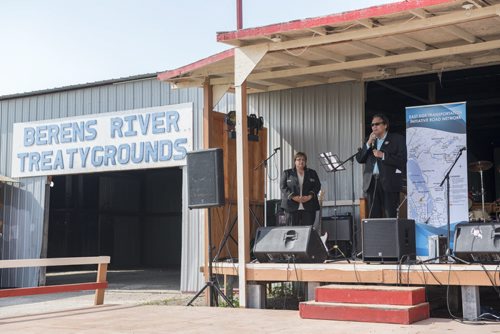 DAVID LIPNOWSKI / WINNIPEG FREE PRESS 150828 August 28, 2015  Aboriginal and Northern Affairs Minister Eric Robinson alongside Chief Jackie Everett make an announcement for the future site of a bridge over Pigeon River at Berens River Friday August 28, 2015 in Berens River. The bridge is part of the next stage of construction of the east-side road by The Manitoba East Side Road Authority. This stage would link Berens River to Bloodvein to the south.