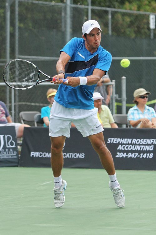 Gonzalo Escobar from Ecuador during the Finals of the 2015 Winnipeg National Bank Challenger against South African Fritz Wolmarans Sunday at the Winnipeg Lawn Tennis Club.  150830 August 30, 2015 MIKE DEAL / WINNIPEG FREE PRESS