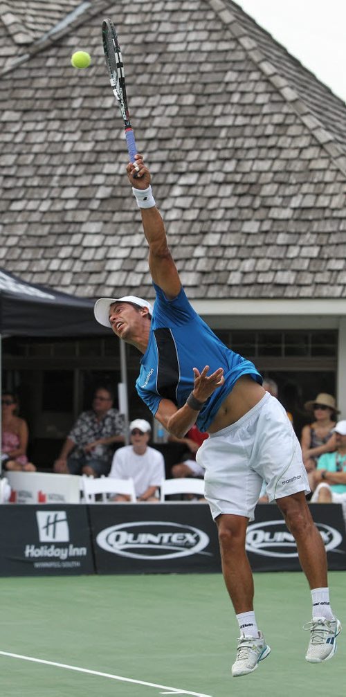 Gonzalo Escobar from Ecuador during the Finals of the 2015 Winnipeg National Bank Challenger against South African Fritz Wolmarans Sunday at the Winnipeg Lawn Tennis Club. 150830 August 30, 2015 MIKE DEAL / WINNIPEG FREE PRESS