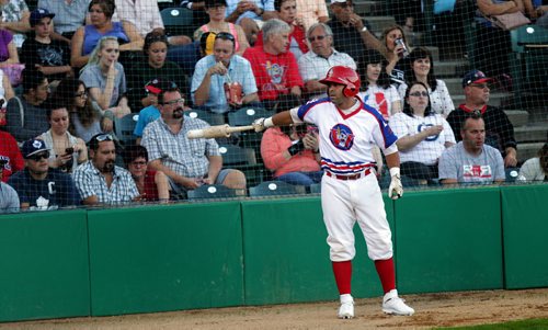 Winnipeg Goldeye Luis Alen warms up his swinging arm Monday at Shaw Park in a match against the Fargo Moorehead RedHawks. See Melissa Maten's story. August 31, 2015 - (Phil Hossack / Winnipeg Free Press)