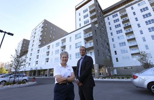 Miriam Bergen, president of Edison Properties, and Frank Koch-Schulte, the companys vice-president, at the new triple-tower, 214-unit Ruth Gardens apartment complex at  1167 Rothesay St. which officially opens next Thursday. Its the first new apartment complex the company has built since Fort Garry Place in downtown Winnipeg was completed in 1990. Murray McNeill story Wayne Glowacki / Winnipeg Free Press Sept.1  2015