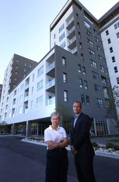 Miriam Bergen, president of Edison Properties, and Frank Koch-Schulte, the companys vice-president, at the new triple-tower, 214-unit Ruth Gardens apartment complex at 1167 Rothesay St. which officially opens next Thursday. Its the first new apartment complex the company has built since Fort Garry Place in downtown Winnipeg was completed in 1990. Murray McNeill story Wayne Glowacki / Winnipeg Free Press Sept.1  2015