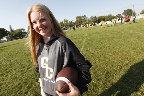 September 1, 2015 - 150901 -  Amy Huscroft of the Garden City Collegiate Fighting Gophers at practice Tuesday, September 1, 2015. Huscroft is injured but is a receiver for the team. John Woods / Winnipeg Free Press