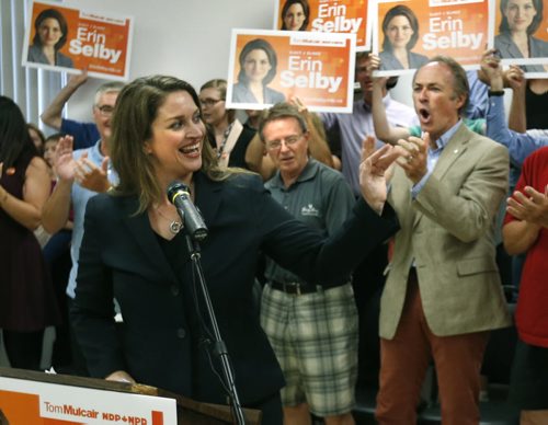 Provincial MLA Erin Selby announced Friday morning she will be the federal NDP candidate in St. Boniface-St. Vital. to an exuberant  crowd that included Pat Martin,MP,right, at an event in the Glenwood Community Centre . Larry Kusch / Nick Martin stories Wayne Glowacki / Winnipeg Free Press Sept.4  2015