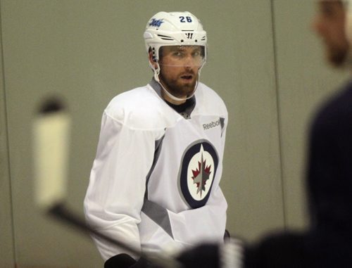 Blake Wheeler settles into the routine at the Winnipeg Jets Workout Friday morning at the Iceplex. See Tim Campbell's story. September 4, 2015 - (Phil Hossack / Winnipeg Free Press)