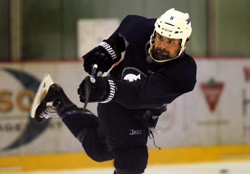 Mark Stuart has the energy amped at the Winnipeg Jets Workout Friday morning at the Iceplex. See Tim Campbell's story. September 4, 2015 - (Phil Hossack / Winnipeg Free Press)