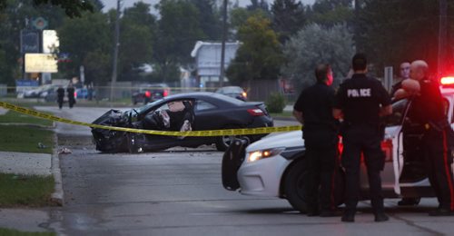 Winnipeg Police closed the south bound lanes in the 1900 block of St. Mary's Rd. after a car collided with a tree early Friday morning. News reports say the the driver was sent to the hospital. Wayne Glowacki / Winnipeg Free Press Sept.4  2015