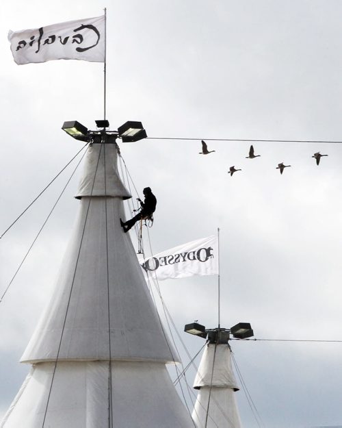 Birds Eye View- A worker does Maintenance on one of the top peaks on the worlds largest tent (38m tall) at Sterling Lyon Way and Kenaston Blvd Tuesday- It will house the Odysseo, travelling horse show in Winnipeg from Sept 10- Oct 04, 2015 Standup Photo- Sept 08, 2015   (JOE BRYKSA / WINNIPEG FREE PRESS)