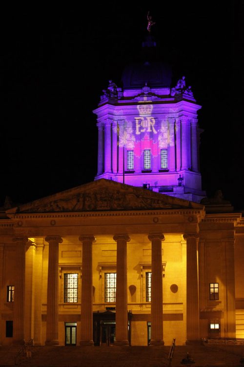 September 8, 2015 - 150908 - The Manitoba Legislature is lit with a emblem recognizing Queen Elizabeth's reign Tuesday, September 8, 2015. credit: Winnipeg Free Press