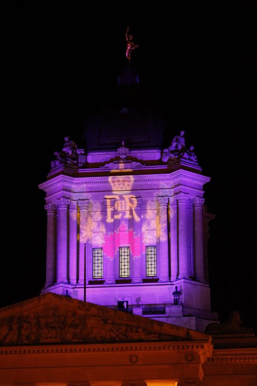 September 8, 2015 - 150908 - The Manitoba Legislature is lit with a emblem recognizing Queen Elizabeth's reign Tuesday, September 8, 2015. credit: Winnipeg Free Press