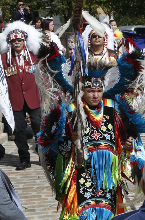 The Grand Entry led by Frank Daniels into the Oodena Circle at The Forks  for a ceremony Wednesday to officially kickoff the Manito Ahbee  Indigenous Music Awards. The five day festival that runs Sept. 9-13 has events at different venues and includes the 10th Annual Indigenous Music Awards at the MTS Centre Friday. see release. Wayne Glowacki / Winnipeg Free Press Sept.9   2015