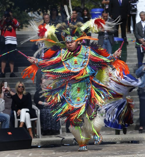 Brenden Patrick, one of the dancers performing after the sacred fire was lit  in the Oodena Circle at The Forks at  a ceremony Wednesday to officially kickoff the Manito Ahbee  Indigenous Music Awards. The five day festival that runs Sept. 9-13 has events at different venues and includes the 10th Annual Indigenous Music Awards at the MTS Centre Friday. see release. Wayne Glowacki / Winnipeg Free Press Sept.9   2015