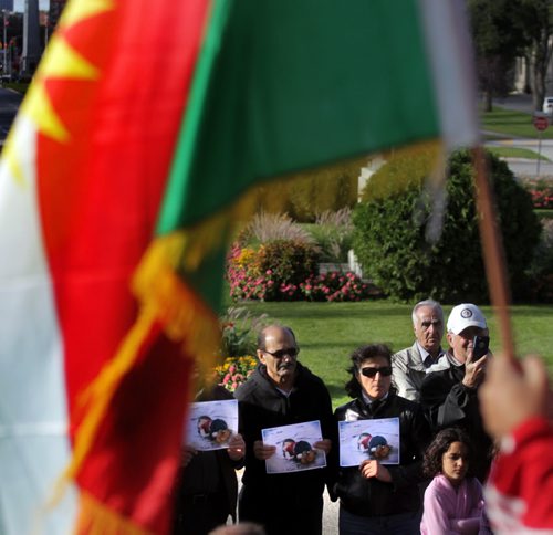 Members of Manitoba's Kurdish Community rally at the Legislature Wednesday afternoon under the Kurdish Flag. See Ashley Prest story. September 9, 2015 - (Phil Hossack / Winnipeg Free Press)