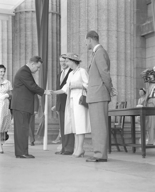 Queen Elizabeth visit to Winnipeg - July 24, 1959 - with Premier Duff Roblin (on her right) and Prince Phillip Jack Ablett / Winnipeg Free Press