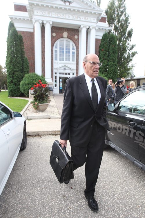 Lawyer Hymie Weinstein representing NHL free agent Mike Richards leaves the court room in Emerson, Manitoba Thursday morning-Richards is facing charges for  trying to get illegal substances across the Canadian border See Jessica Botelho-Urbanski story- Sept 10, 2015   (JOE BRYKSA / WINNIPEG FREE PRESS)