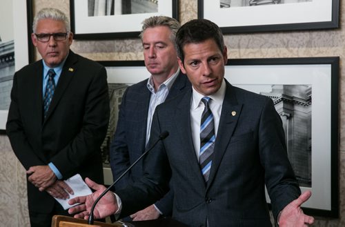 Mayor Brian Bowman (right), Dave Wardrop (centre), Director Winnipeg Transit, and Doug McNeil (left), Chief Administrative Officer, during a press conference at City Hall regarding the Winnipeg Transit bus shortage. 150910 - Thursday, September 10, 2015 -  MIKE DEAL / WINNIPEG FREE PRESS