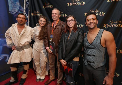 Winnipeg Free Press publisher Bob Cox (third left) and his daughter Linnea pose with rider Benoit Drouet, rider Emmy Love and acrobat Lucas Mendonca in the Rendez-Vous VIP tent at Cavalias equestrian and acrobatic-arts show Odysseo on Thurs., Sept. 10, 2015. Photo by Jason Halstead/Winnipeg Free Press