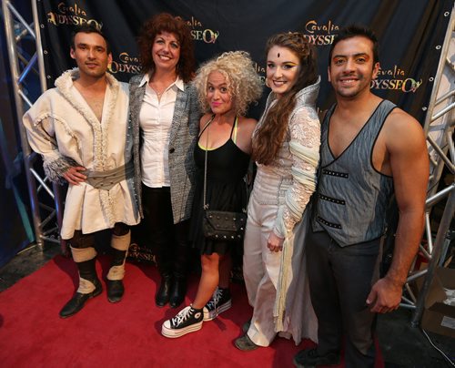 CJOB's Kathy Kennedy (second left) and Dahlia Kurtz pose for a photo with (from left) rider Benoit Drouet, rider Emmy Love and acrobat Lucas Mendonca in the Rendez-Vous VIP tent at Cavalias equestrian and acrobatic-arts show Odysseo on Thurs., Sept. 10, 2015. Photo by Jason Halstead/Winnipeg Free Press