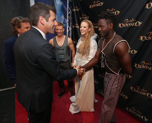 Mayor Brian Bowman meets (from right) acrobat/dancer Alsainy Bangoura, aerialist/rider Claire Beer and aerialist Michel Charron in the Rendez-Vous VIP tent at Cavalias equestrian and acrobatic-arts show Odysseo on Thurs., Sept. 10, 2015. Photo by Jason Halstead/Winnipeg Free Press