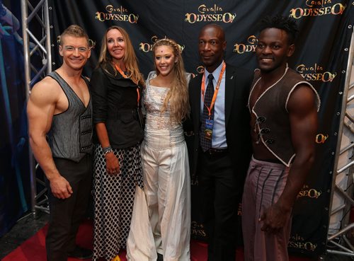Winnipeg police chief Devon Clunis and his wife Pearline Clunis meet pose for a photo with (from right) acrobat/dancer Alsainy Bangoura, aerialist/rider Claire Beer and aerialist Michel Charron in the Rendez-Vous VIP tent at Cavalias equestrian and acrobatic-arts show Odysseo on Thurs., Sept. 10, 2015. Photo by Jason Halstead/Winnipeg Free Press