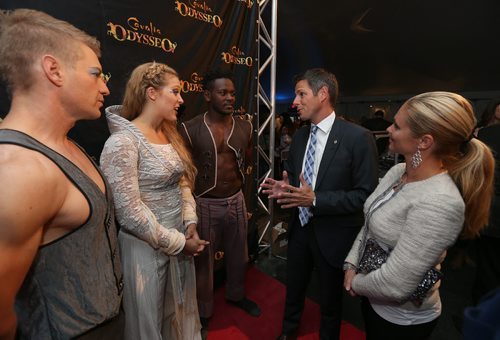 Mayor Brian Bowman and his wife Tracy Bowman meet (from third right) acrobat/dancer Alsainy Bangoura, aerialist/rider Claire Beer and aerialist Michel Charron in the Rendez-Vous VIP tent at Cavalias equestrian and acrobatic-arts show Odysseo on Thurs., Sept. 10, 2015. Photo by Jason Halstead/Winnipeg Free Press