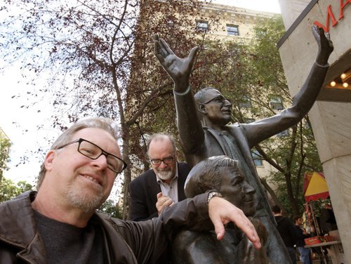 Winnipeg Free Press theater writer Kevin Prokosh is retiring from the paper- He poses for a picture outside the Royal Manitoba Theater Centre on his last day with new theater critic Randall King in rear- Ent-Sept 11, 2015   (JOE BRYKSA / WINNIPEG FREE PRESS)