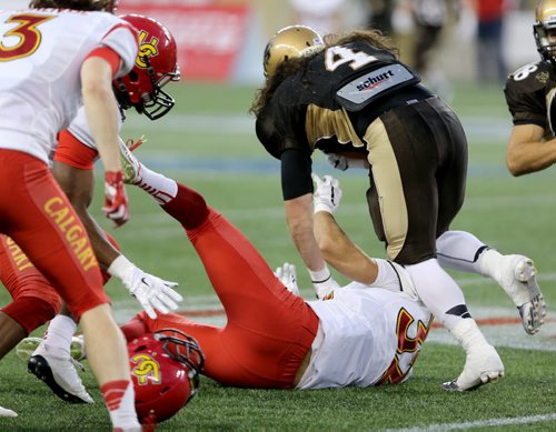 Manitoba Bisons' Cameron Fox knocks the helmet off Calgary Dinos' Brad Friesen as he runs him over during their football game, Friday, September 11, 2015. (TREVOR HAGAN/WINNIPEG FREE PRESS)