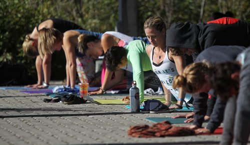 Participants take part in a yoga class at FortWhyte Alive as part of the 2015 Prairie Love Festival, a yoga festival "celebrating the land of big skies and big hearts."  150913 September 13, 2015 MIKE DEAL / WINNIPEG FREE PRESS