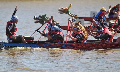 Rowers put everything they have into the 2015 FMG Manitoba Dragon Boat Festival at The Forks Sunday. The charity event raises money for CancerCare Manitoba Foundation and  The Children's Hospital Foundation of Manitoba.  150913 September 13, 2015 MIKE DEAL / WINNIPEG FREE PRESS