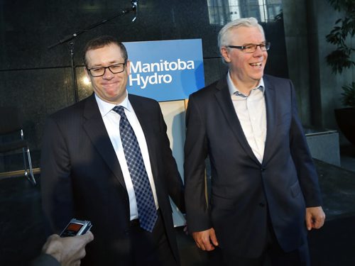 At left, Darren Rainkie, interim president and CEO, Manitoba Hydro and Premier Greg Selinger to announce Monday a  new export sales agreement with SaskPower.  The announcement was made in the Manitoba Hydro building. Larry Kusch story.  Wayne Glowacki / Winnipeg Free Press September 14 2015