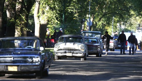 The scene of vintage cars on Baltimore Rd. in Riverview Monday during the making of the movie A Dog's Purpose with Dennis Quaid.  Randall King story.  Wayne Glowacki / Winnipeg Free Press September 14 2015