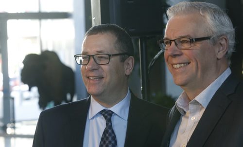 At left, Darren Rainkie, interim president and CEO, Manitoba Hydro and Premier Greg Selinger to announce Monday a  new export sales agreement with SaskPower.  The announcement was made in the Manitoba Hydro building. Larry Kusch story.  Wayne Glowacki / Winnipeg Free Press September 14 2015