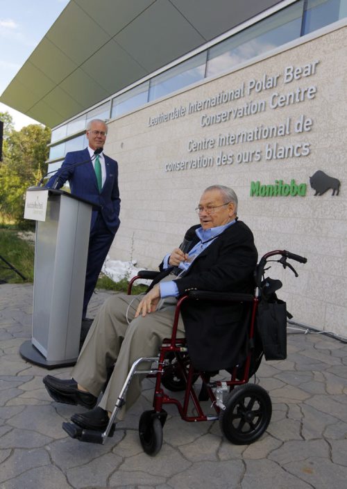 Doug and Louise Leatherdale have donated $2 million to the zoo's polar bear exhibit. It will be called the Leatherdale International Polar Bear Conservation Centre. In this photo left to right Assiniboine Park Conservancy chairman Hartley Richardson and Doug Leatherdale (speaking). BORIS MINKEVICH / WINNIPEG FREE PRESS PHOTO Sept. 14, 2015