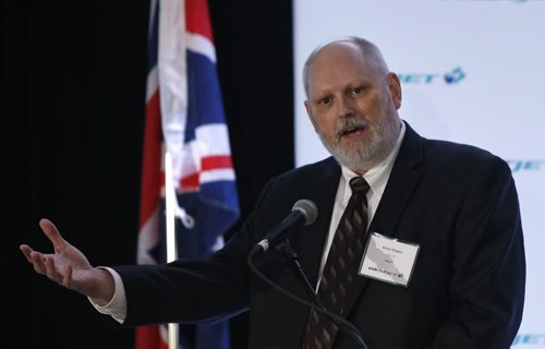 Rocky Wiggins, CIO WestJet announces cheap flights from Winnipeg to London Gatwick. The event Tuesday was held in the Fairmont Hotel. Bart Kives story.  Wayne Glowacki / Winnipeg Free Press September 15 2015