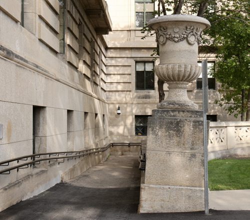 Manitoba Legislature and surrounding infrastructure tour- Most of the flat roofed part of the Manitoba Legislature will need restoration soon including this urn on West side which is tilting-See Bruce Owen Manitoba Legislature maintenance feature- Sept 14, 2015   (JOE BRYKSA / WINNIPEG FREE PRESS)
