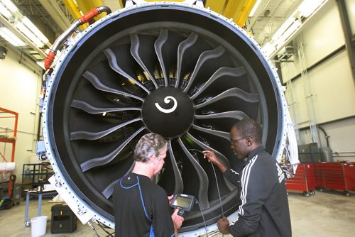 Workers test a GE Leap Jet engine at the GE Test and Research Development Centre on the grounds of James A Richardson International airport -See Martin Cash story-Sept 15, 2015   (JOE BRYKSA / WINNIPEG FREE PRESS)