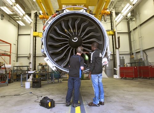 Workers test a GE Leap Jet engine at the GE Test and Research Development Centre on the grounds of James A Richardson International airport -See Martin Cash story-Sept 15, 2015   (JOE BRYKSA / WINNIPEG FREE PRESS)