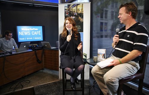 Olympian Clara Hughes is interviewed by reporter Geoff Kirbyson at the News Café Monday afternoon.  150915 September 15, 2015 MIKE DEAL / WINNIPEG FREE PRESS