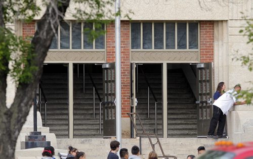 Police and Fire at Tec Voc high school where there was a possible pepper spray incident. EDS NOTE: photographed students from street. BORIS MINKEVICH / WINNIPEG FREE PRESS PHOTO Sept. 16, 2015