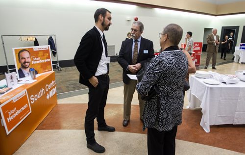 Winnipeg South Centre NDP candidate, Matt Henderson (left), talks to members of the Winnipeg Chamber of Commerce at a Chamber organized event that invited businesses to speed date with federal candidates at the Caboto Centre on Wilkes Avenue Wednesday morning. 150916 - Wednesday, September 16, 2015 -  MIKE DEAL / WINNIPEG FREE PRESS