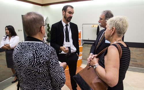 Winnipeg South Centre NDP candidate, Matt Henderson (centre), talks to members of the Winnipeg Chamber of Commerce at a Chamber organized event that invited businesses to speed date with federal candidates at the Caboto Centre on Wilkes Avenue Wednesday morning. 150916 - Wednesday, September 16, 2015 -  MIKE DEAL / WINNIPEG FREE PRESS