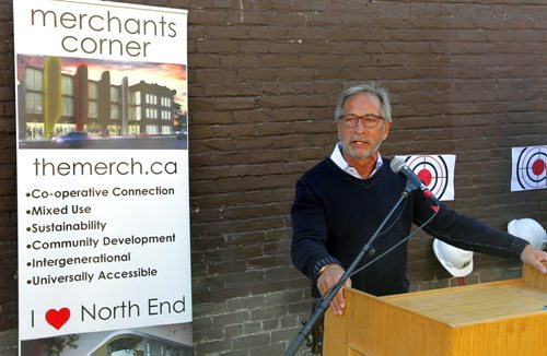 LOCAL - MERCHANTS HOTEL,  541 Selkirk Ave - Merchants Corner community event. The first sledgehammer swings at the old Merchants Hotel which is being transformed into an educational and affordable housing complex. In this photo U of W's Bob Silver makes an announcement at the event. BORIS MINKEVICH / WINNIPEG FREE PRESS PHOTO Sept. 16, 2015