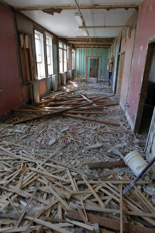 LOCAL - MERCHANTS HOTEL,  541 Selkirk Ave - Merchants Corner community event. The first sledgehammer swings at the old Merchants Hotel which is being transformed into an educational and affordable housing complex. Inside tour photos. The third floor lap board all over the demo site. BORIS MINKEVICH / WINNIPEG FREE PRESS PHOTO Sept. 16, 2015